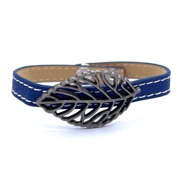 Blue Faux Leather and Silver Boho Leaf Adjustable Snap Closure Bracelet - Picture 2 of 7